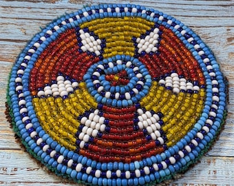 3.5" Vintage Kuchi Tribal Beaded Patch Medallion Gul Flower Applique  (15992)