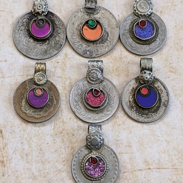 Vintage Kuchi Tribal Coins Crescent Moons Assortment of Colors 7 Pieces (15828)