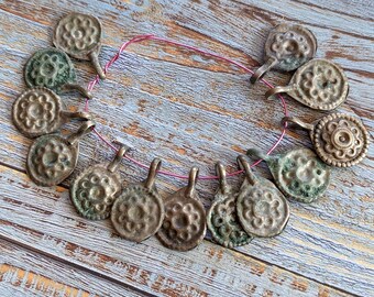 13 Rustic Verdigris Vintage Tribal Jewelry Flower Charms (#12232)
