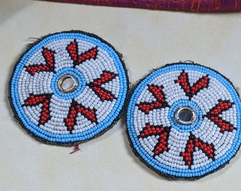 Pair Kuchi Gul Beaded Flower Patches Medallions White  (15997)