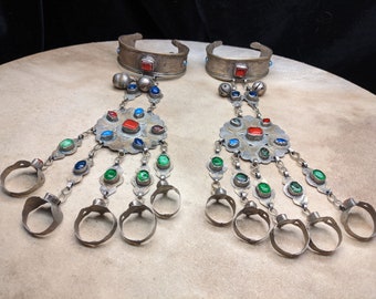 Pair Vintage Turkmen Tribal Hathphool Hand Flowers Bracelets Rings Hand Jewelry (#12632)