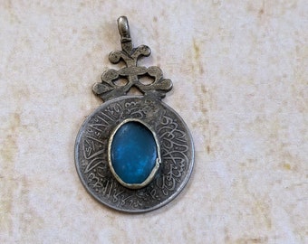 Tribal Coin Pendant Unique Bail Vintage Afghan Jewelry Aqua Blue Center (15839)