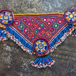 Kuchi Vintage Hanging Textile with Loops Mirrors Beaded Fringe 10" x 7" (20143)