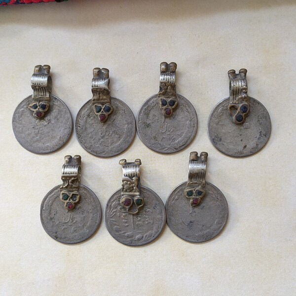 7x Very Rustic Vintage Tribal Coin Pendants Well-Traveled Old Waziri Findings (#14426)