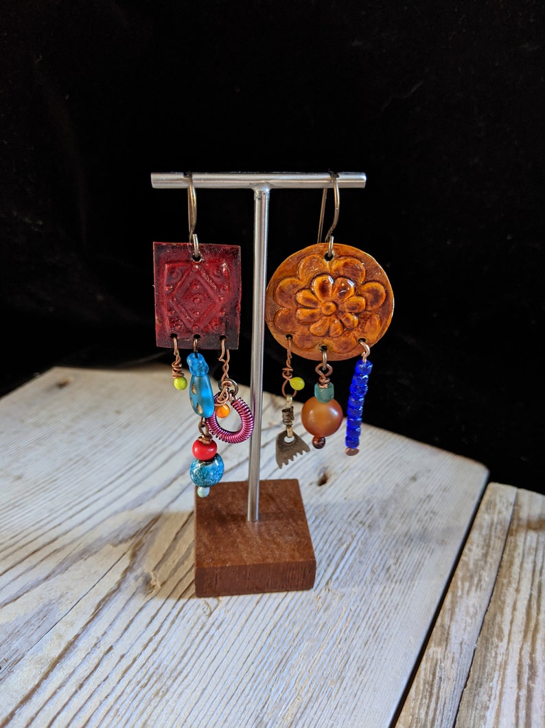 Asymmetrical Artisan Earrings Hand Painted Findings Eclectic Jewelry #8409