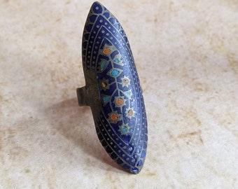 Vintage Multan Blue Enamel and Silver Ring Size 5.25 US (#12643)