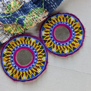 Kuchi Beaded Flower Patches Tribal Gul Medallions Yellow Red Petals 4" (21568)