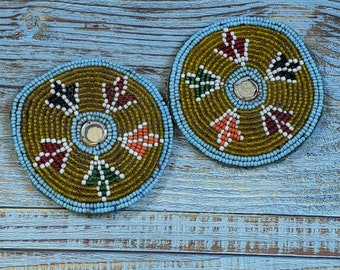 Beaded Flowers 2.75" Pair Gul Medallions Kuchi Tribal Beadwork Unique Colors (15985)