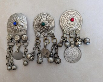 Vintage Waziri Flower Pendants Trio Tribal Textile Adornment 3pcs (22241)