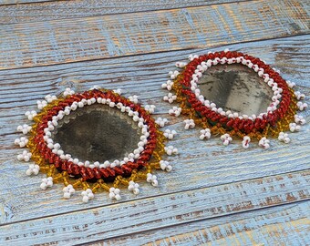 Beaded Mirror Patches 2.75" Kuchi Textile Adornment Talisman Pair (15988)