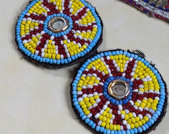 Pair of Kuchi Beaded Gul Patches Small Flowers Tribal Talisman 1.75" (15986)