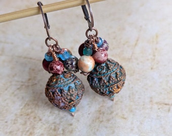 Dreamy Bohemian Artist Bead Earrings Unique Colors with Wrapped Gemstones 2" Long (#12692)