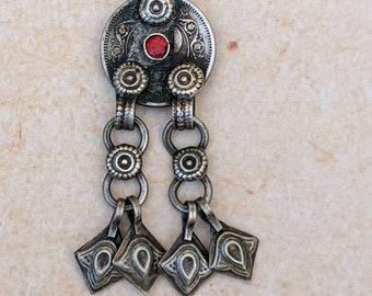 Kuchi Tribal Coin Pendant Stylized Dangles 2.75" Red Center Unique Vintage DIY Jewelry Supplies (#13110)