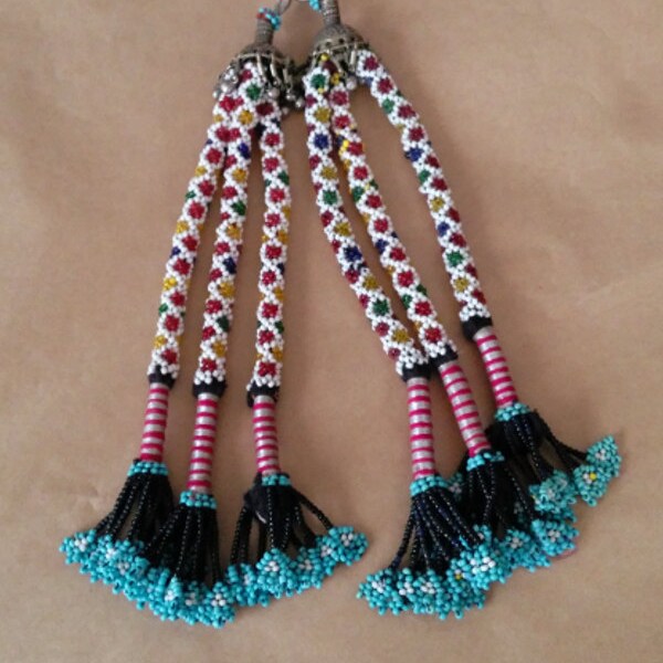 Vintage Tribal Beaded Tassels Fusion ATS Skirt Belt Embellishment Pair Baloch Tribe 11"