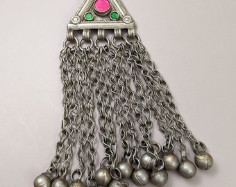 Kuchi Tribal Pendant Vintage Afghan Jewelry Focal Triangular Finding 5.25" Pink Center (#14989)