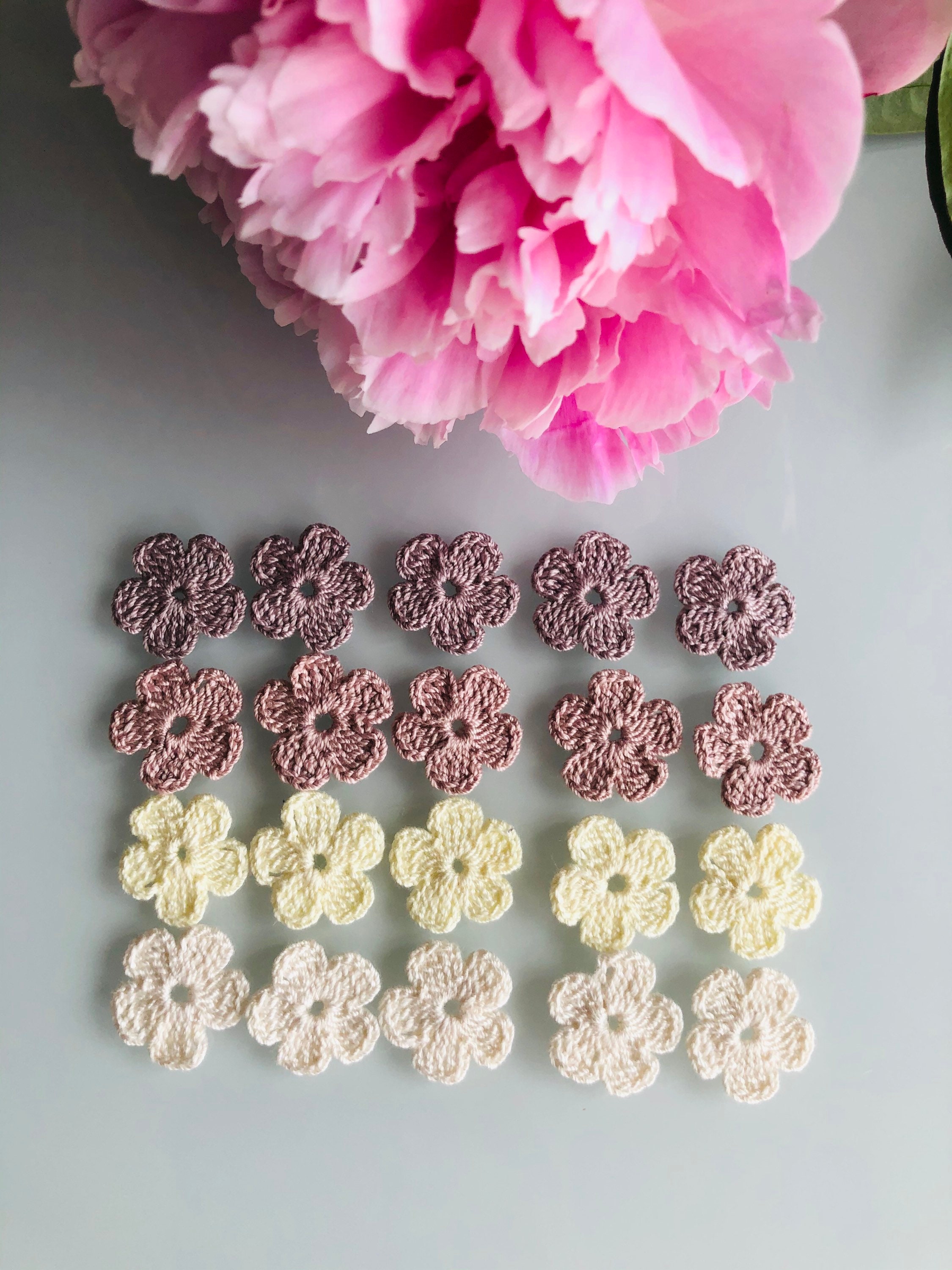 embellishments,scrapbooking,sewing Set of 20 small hand crochet flowers appliqu\u00e9 in neutral colours jewellery making,card making