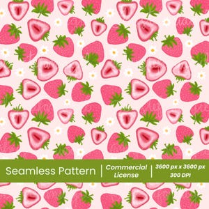 Strawberries and White Flowers Seamless Pattern in Light Pink Summer Fruit Designs PNG File Instant download personal and commercial use