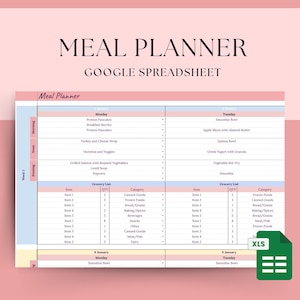 Pode incluir: Um modelo de planilha de planejamento de refeições imprimível em rosa e azul para Google Sheets. O modelo inclui um planejador de refeições semanal com colunas para café da manhã, almoço e jantar, além de uma seção de lista de compras. O modelo foi projetado para ajudar os usuários a planejar suas refeições e compras para a semana.