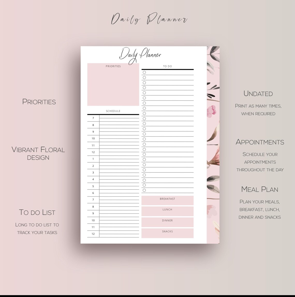 Pink Floral Daily Planner: Printable Undated Schedule (PDF) - Etsy