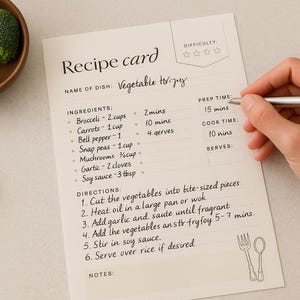 Modello di scheda ricetta / Registra e scrivi le tue ricette di famiglia per raccoglitore o cartella
