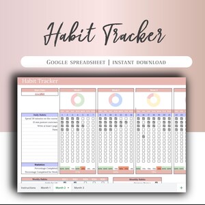 Puede incluir: Una hoja de cálculo de seguimiento de hábitos imprimible para Google Sheets. La hoja de cálculo está dividida en tres secciones: hábitos diarios, hábitos semanales y hábitos mensuales. Cada sección tiene un gráfico para realizar un seguimiento del progreso. La hoja de cálculo está diseñada para ayudar a los usuarios a realizar un seguimiento de su progreso hacia sus objetivos.