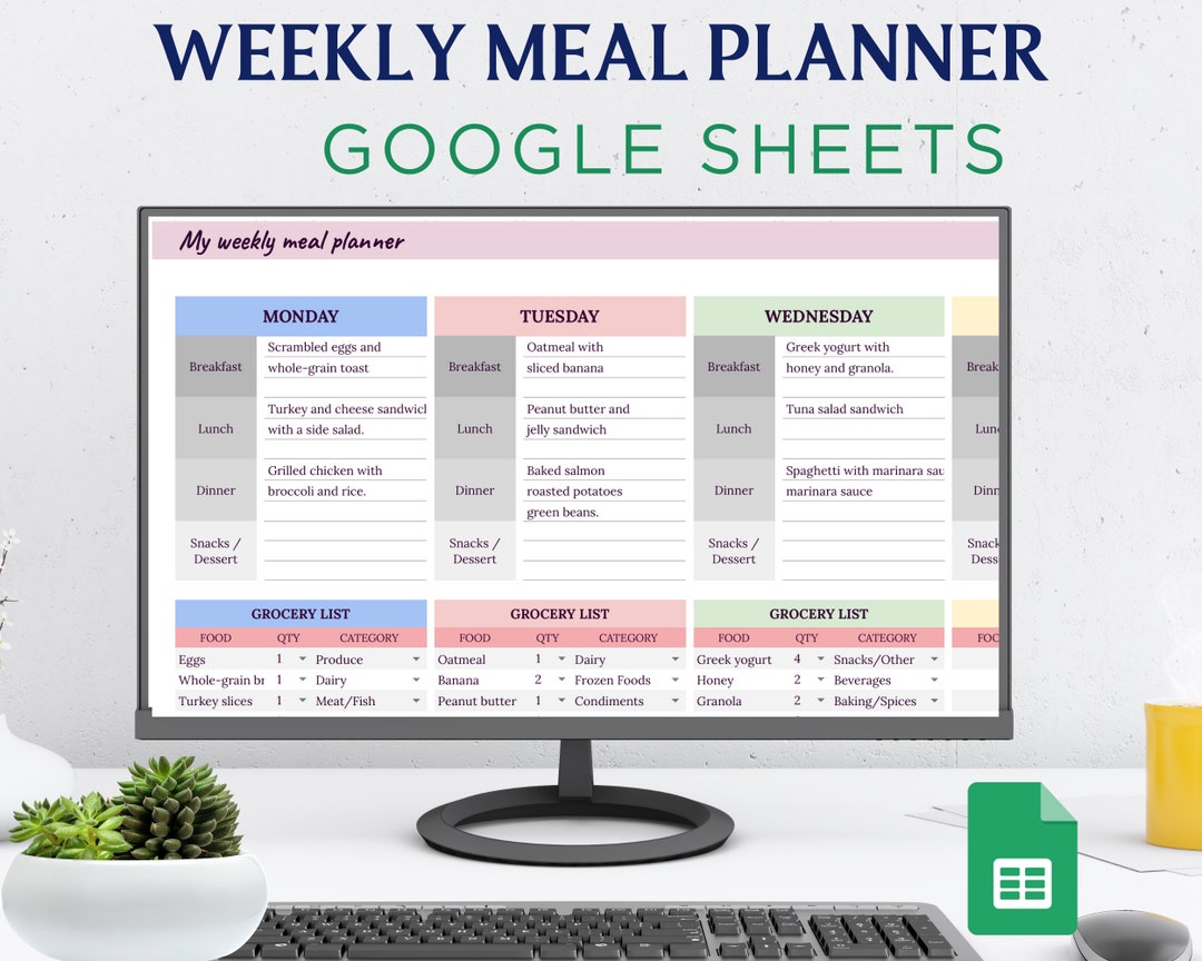 Meal Planner Google Sheets, Digital Meal Planner, Weekly, Grocery List