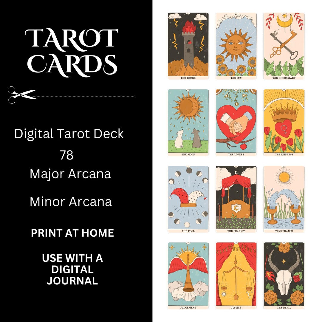 Digital Tarot Cards: 78 Card Deck With Cheat Sheet (PNG) Print Instant ...