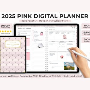 Pink 2025 Digital Planner | Goodnotes Stickers Bundle | Digital Journal | Diary| Daily | Monthly | Weekly Planner | Fitness Health | Meal