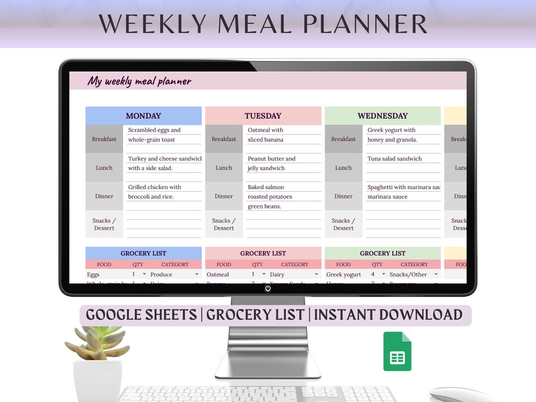 Meal Planner Google Sheets, Digital Meal Planner, Weekly, Grocery List