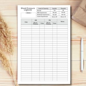 May include: A white Blood Pressure Logbook with a detailed layout for recording blood pressure and pulse readings. Includes sections for AM and PM readings, notes, and severity levels. A pen and a wrapped gift are on the wooden surface.