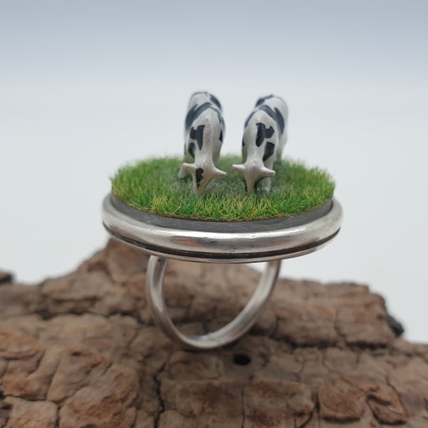 Bague contemporaine femme, "Ma Normandie", argent 925, fait main, made in France, création Nunaa, pièce unique, vaches miniatures