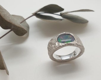 "Opaline"-ring, 925 sterlingsilver och australisk Welo-opal, handgjord, tillverkad i Frankrike, Nunaa-skapelse, unikt smycke, originalring
