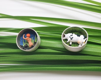 Boucles d'oreilles, "Nature & camembert", argent 925, fait main, made in France, création Nunaa, pièce unique, femme et vache miniatures