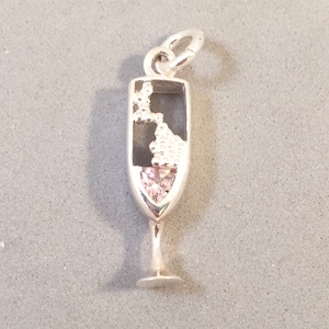 Glass of PINK CHAMPAGNE .925 Sterling Silver Charm w CZ stone Rose Bubbles Bubbly Flute Pendant Drink Wedding France New Years New kt61