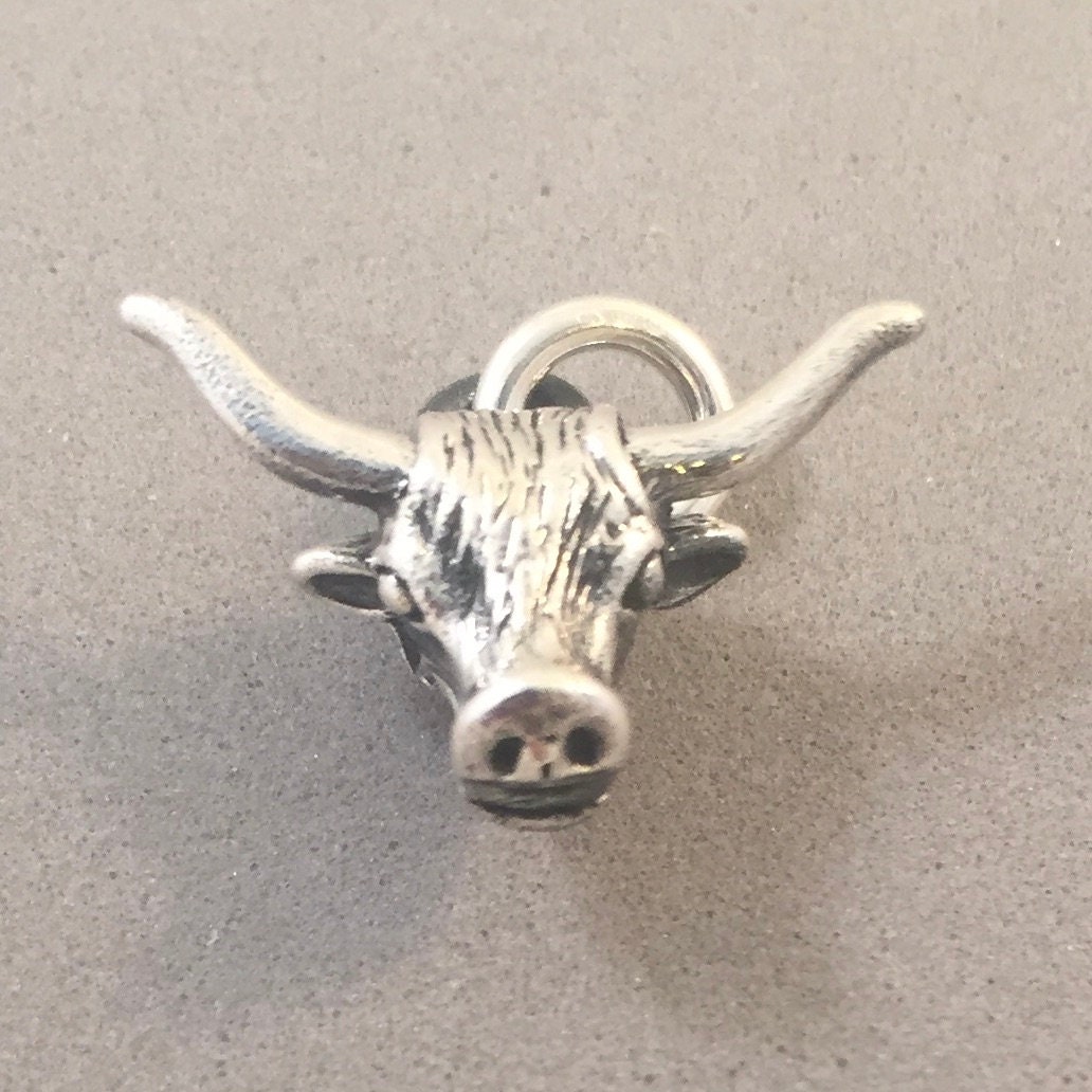 TEXAS LONGHORN .925 Sterling Silver 3-D Charm Pendant Steer Head