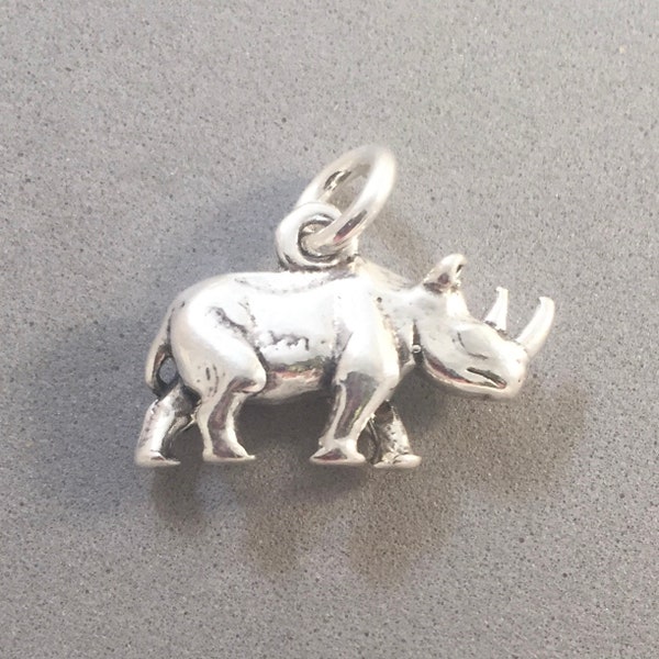 RHINOCEROS .925 Sterling Silver 3-D Charm Pendant Detailed Rhino Horn Safari Africa Asia Animal Zoo Figural New an72