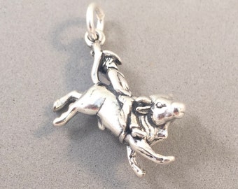 BULL RIDER .925 Sterling Silver 3-D Charm Pendant Rodeo Cowboy Bucking Riding New an20