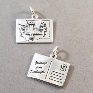 Greetings from WASHINGTON Postkarte .925 Sterling Silber Charm Anhänger Karte Mt Rainier Space Needle Tree Salmon Souvenir PC-WA