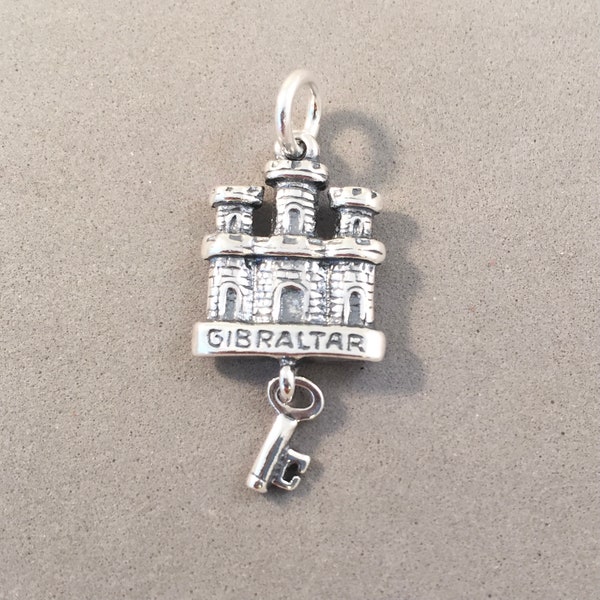 GIBRALTAR .925 Sterling Silver Small 3-D Charm Pendant UK Rock Castle Key Motto Montis Insignia Calpe Souvenier New tb37