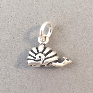 May include: A silver snail charm with a detailed shell and a loop for attaching to a necklace or bracelet. The snail's body is elongated, and the shell has a spiral design. The charm is made of silver.