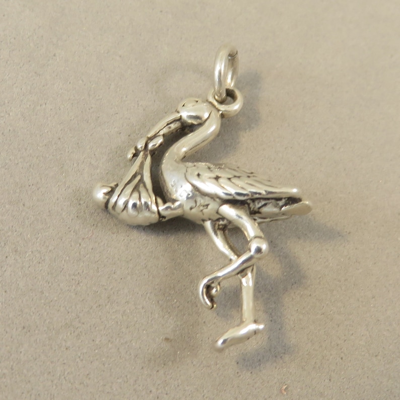Sterling Silver 3-D STORK WITH BABY Charm Pendant Bird Nursery Newborn nfant Child Shower New Mom Pregnant .925 Sterling Silver New ba27