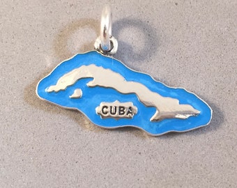 CUBA MAP .925 Sterling Silver Enamel Charm Pendant Havana Country Souvenir New Made in Thailand ct18-cu