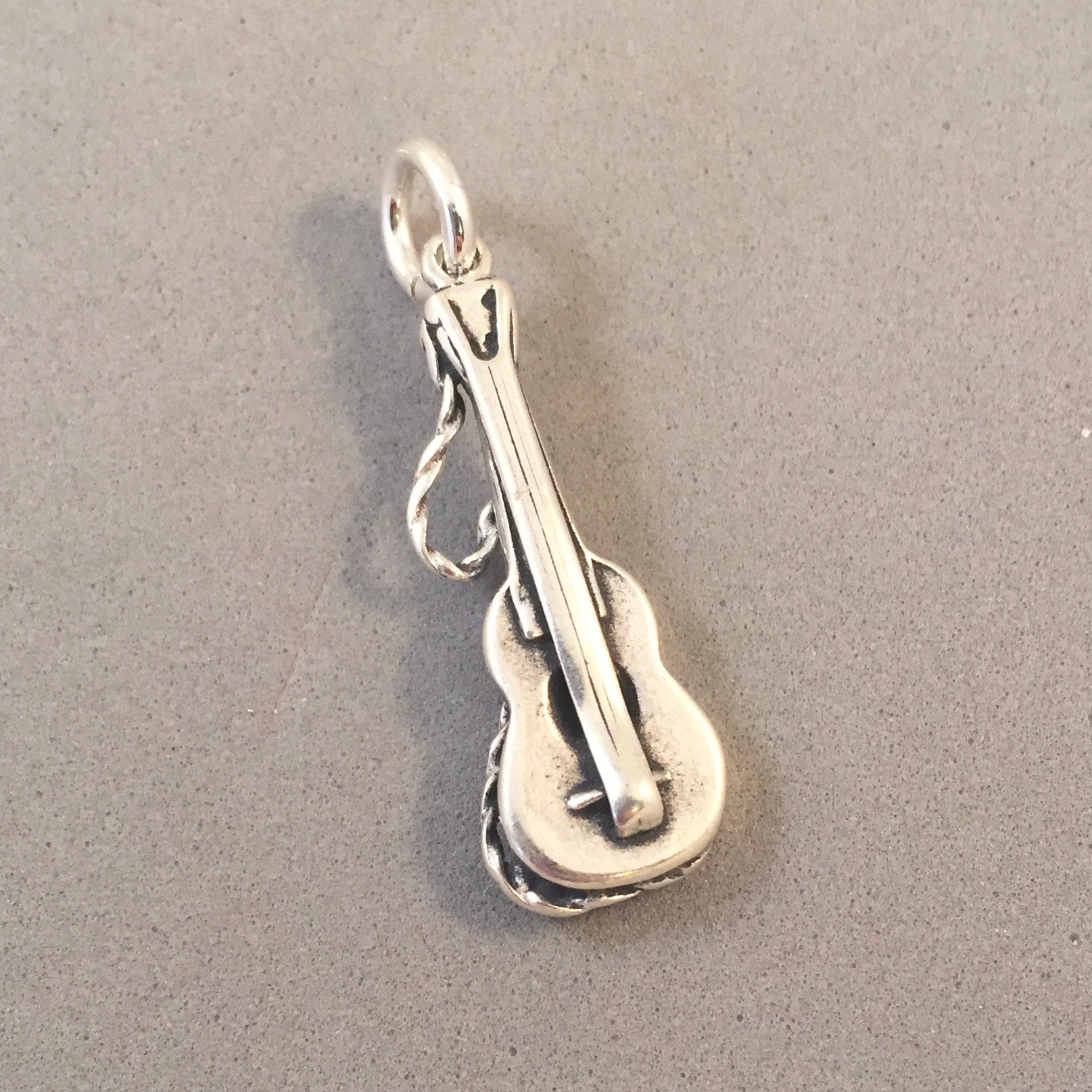 925 Sterling Silver Antiqued 3-D Acoustic Guitar Polished 28mm x 9mm Charm Pendant