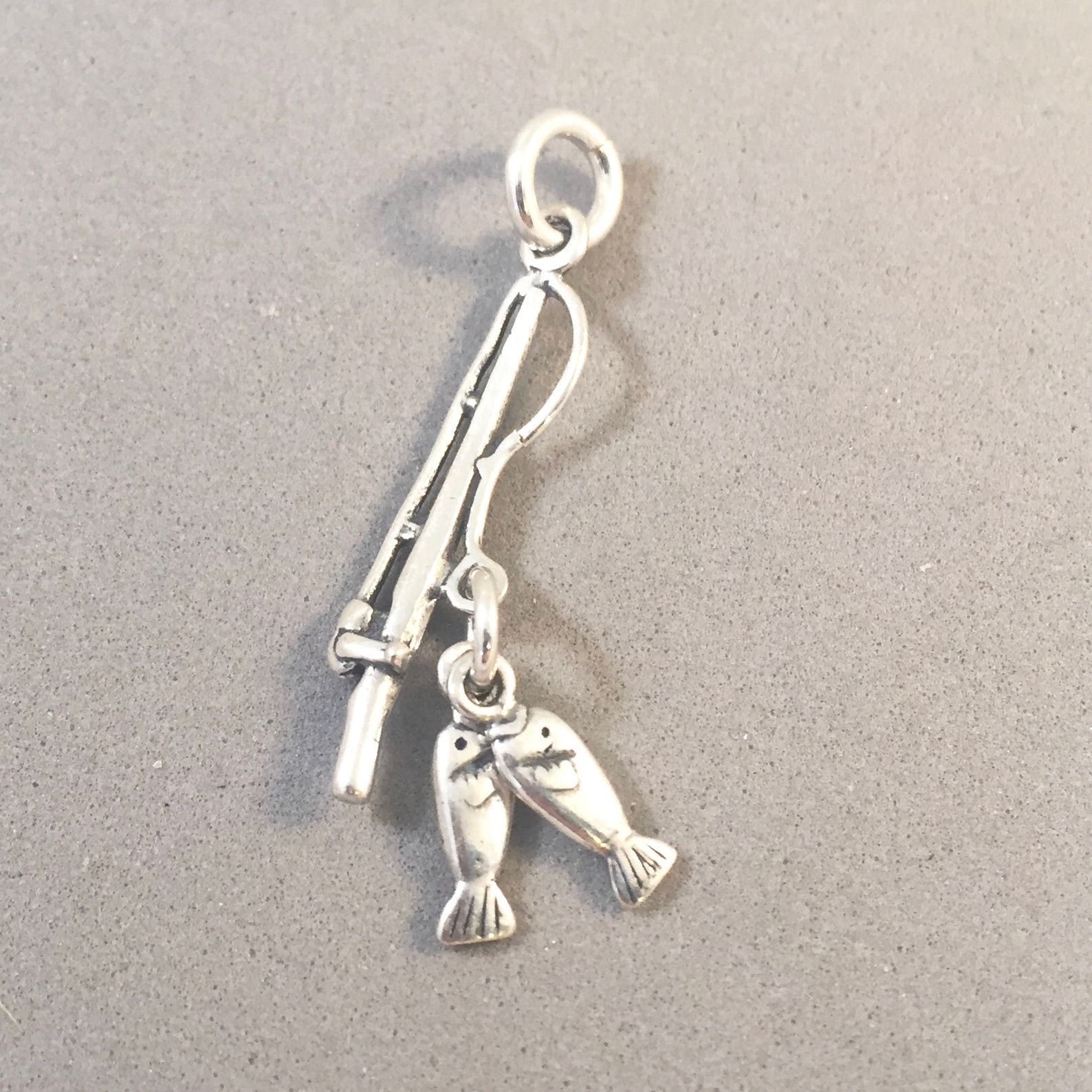 FISHING POLE .925 Sterling Silver 3-D Charm Pendant Reel Rod With Two ...