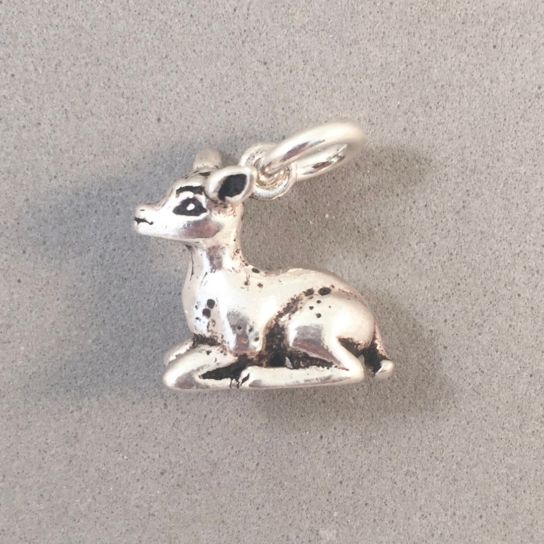 SITTING DEER .925 Sterling Silver 3 D Charm Pendant Fawn Bambie
