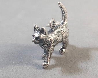 WALKING CAT 3-D .925 Sterling Silver Charm Pendant Kitten Kitty Pet Detailed Feline New AN13