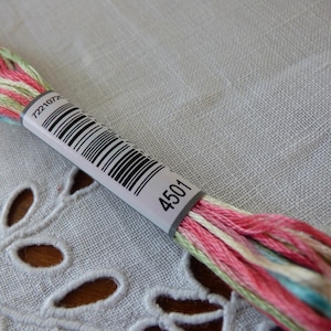 May include: A skein of embroidery floss in shades of pink, green, white, and blue. The floss is wrapped around a white card with a barcode and the number 4501 printed on it.