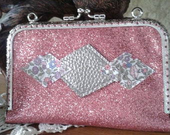 Bank card holder with clasp and pink glitter fabric