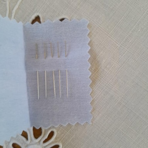 Peut inclure: Un étui à aiguilles en tissu blanc avec un rabat qui s'ouvre pour révéler une rangée d'aiguilles argentées.