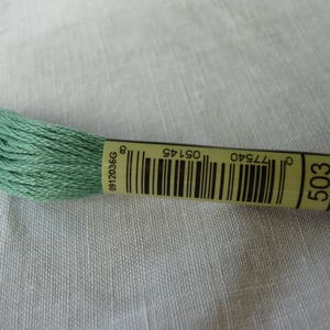 Può includere: Un gomitolo di filo per ricamo DMC di colore 503, una tonalità verde chiaro. Il gomitolo è etichettato con il numero DMC, il codice colore e il codice a barre.